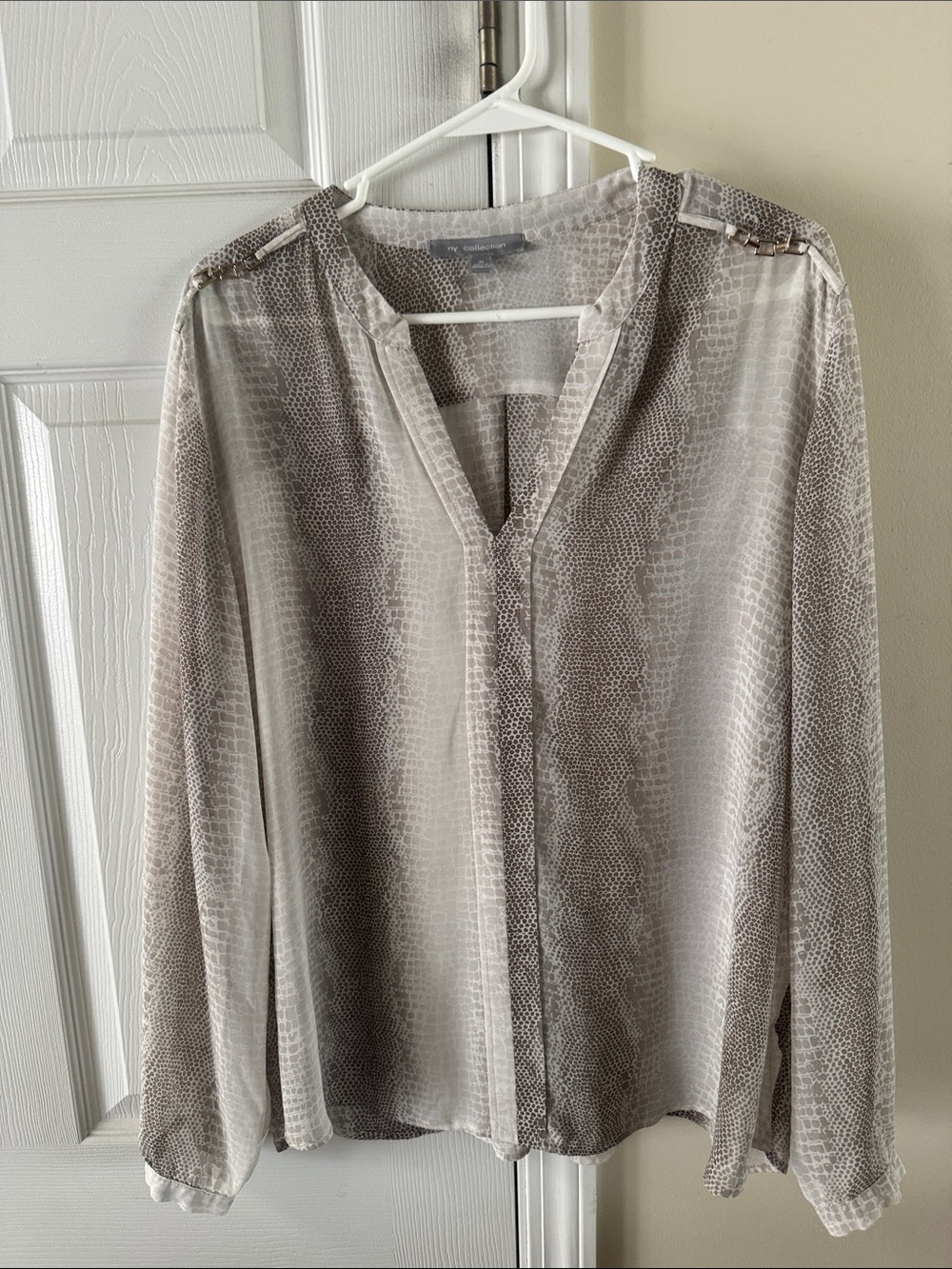 NY Collection Sheer Snake-Print Blouse in Taupe and Ivory